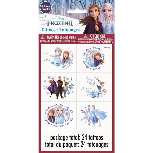 Disney Frozen Temporary Tattoos, 24ct with 4 sheets of 6 tattoos each featuring characters Anna, Elsa, Olaf, Kristoff, and Sven surrounded by snowflakes and decorative frames, perfect for Frozen-themed parties and kids aged 5 and up.