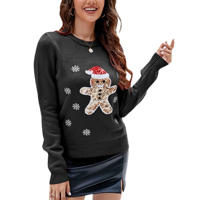 Innerwin Chandail de Noël à Manches Longues pour Femmes Chandail de Noël Col Rond Décontracté Tricoté Ours Noir 2TG