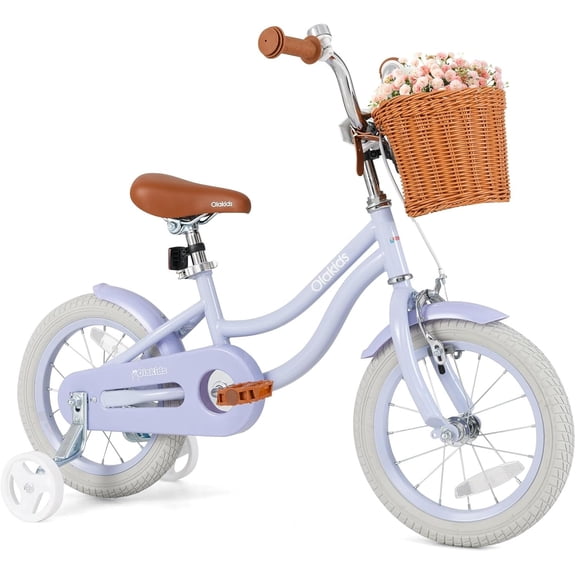 OLAKIDS Kids Bike, 12 14 16 18 Inch Toddlers Bike with Training Wheels Rattan Basket Safety Bell Adjustable Seat and Handlebar, Children's Bicycle for Girls Boys Age 3-8