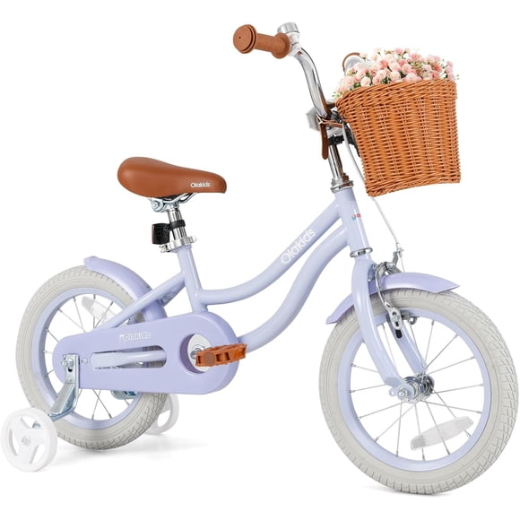 OLAKIDS Kids Bike, 12 14 16 18 Inch Toddlers Bike with Training Wheels Rattan Basket Safety Bell Adjustable Seat and Handlebar, Children's Bicycle for Girls Boys Age 3-8