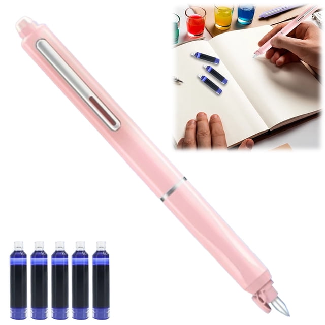 Pen Retractable: 0.38mm Blue& Transparent Barrel Includes 5 Refillable Ink Cartridges Clictek Medium Nib Transparent Barrel For Smooth Writing No Leaking(11.5ml)