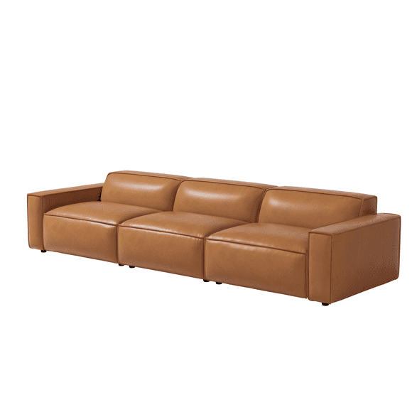 Valencia Nathan Full Aniline Leather Modular Sofa with Down Feather Three Seats 124" | Full Aniline Leather, Top Stitched Seam, Ultimate Comfort, Caramel Brown