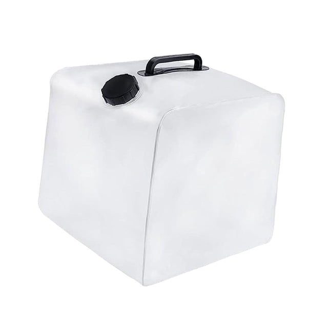 GROWTH TANK 20L pool step weight, a collapsible fillable anchor bag made of durable PVC material, shown in a white finish with a black cap and double handle design. Suitable for stabilizing above-ground pool stairs or ladders by filling with sand or water. Compact and foldable for easy storage, also ideal for outdoor use such as camping gear or water container applications.
