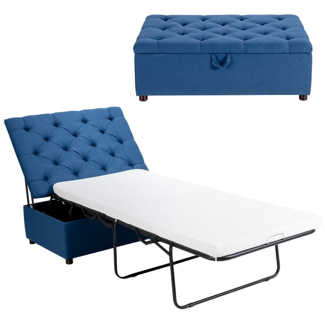 Costway Ottomane-Lit Pliable avec Matelas Lit d'Appoint Convertible Bleu