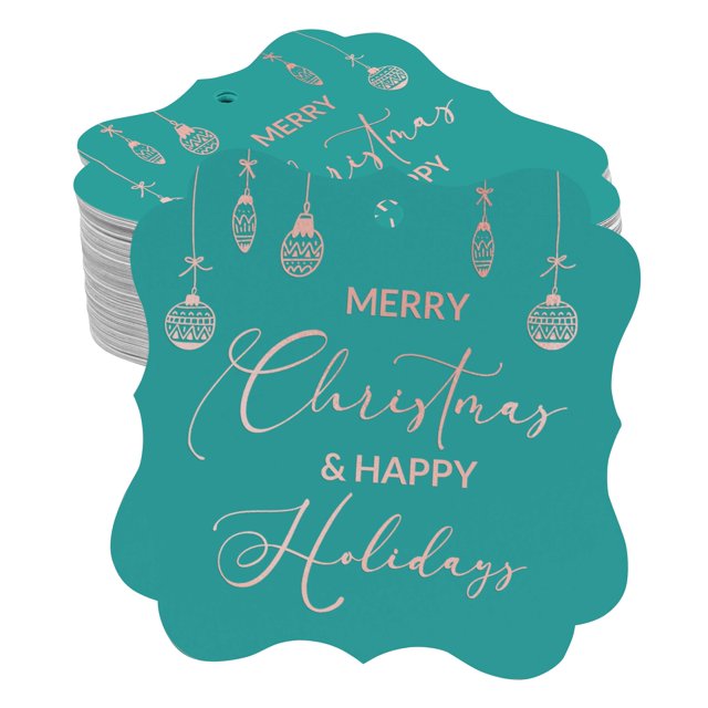 Inkdotpot Pack Of 100 Merry Christmas & Happy Text Paper Tags DIY Craft Bracket Shape Real Rose Gold Foil Hang Tags