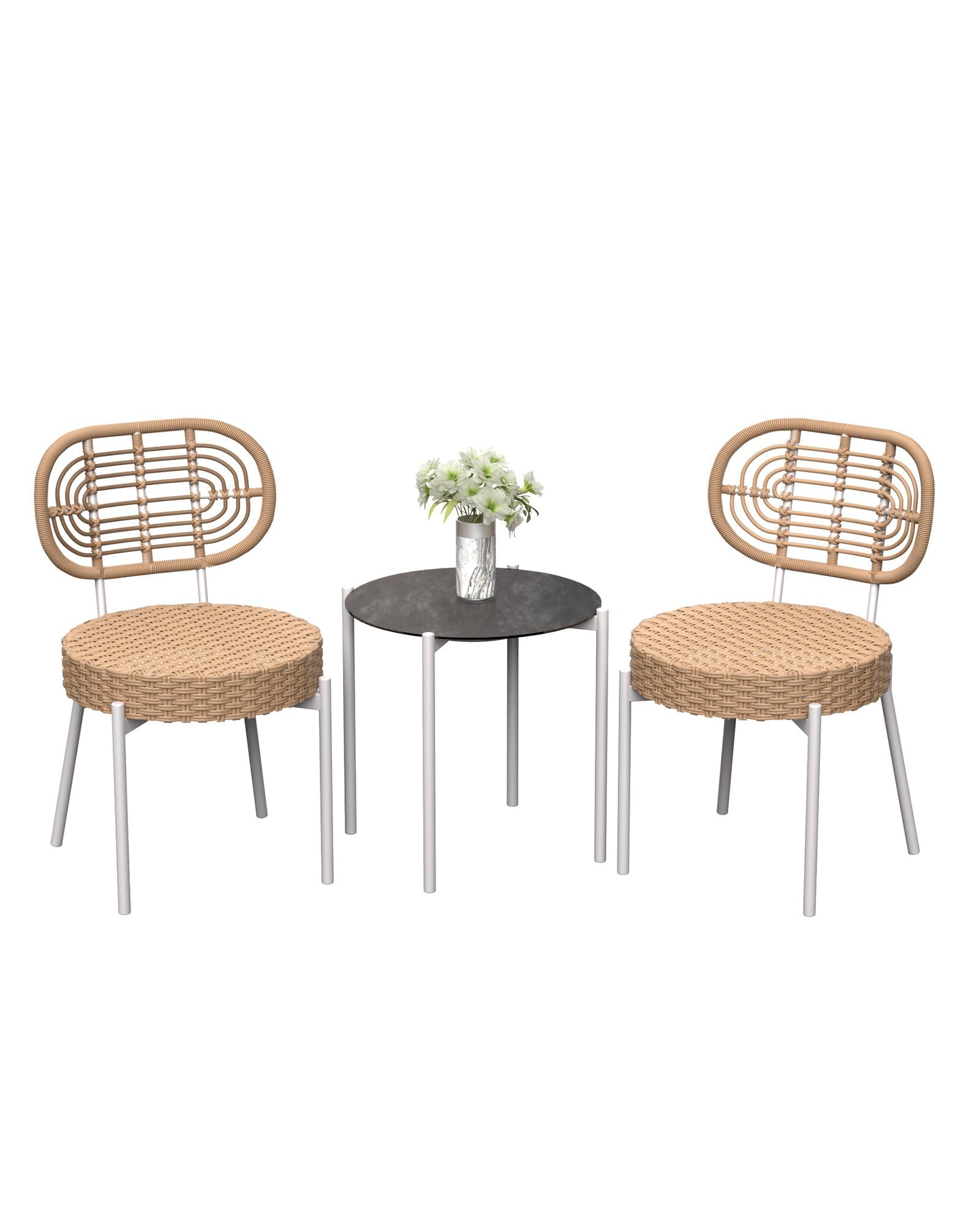3-Piece All-Weather Wicker Bistro Set,2 Rattan Chairs + Tempered-Glass Table, Compact Outdoor Dining Furniture for Garden, Backyard, Balcony & Apartment