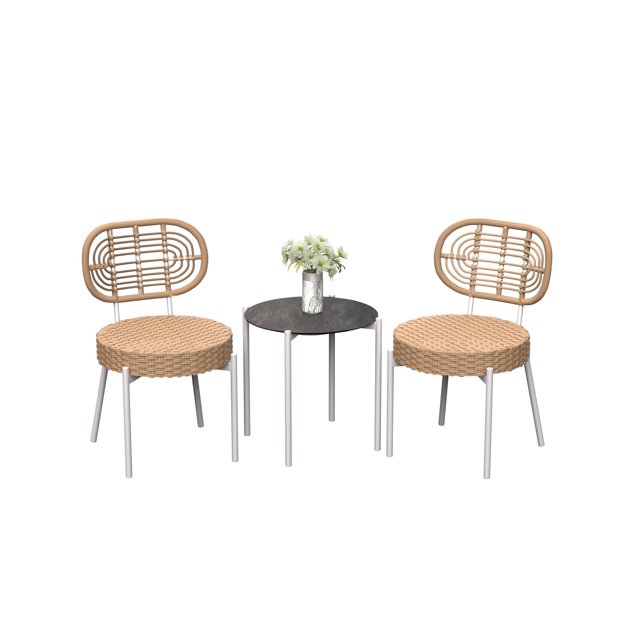 3-Piece All-Weather Wicker Bistro Set,2 Rattan Chairs + Tempered-Glass Table, Compact Outdoor Dining Furniture for Garden, Backyard, Balcony & Apartment