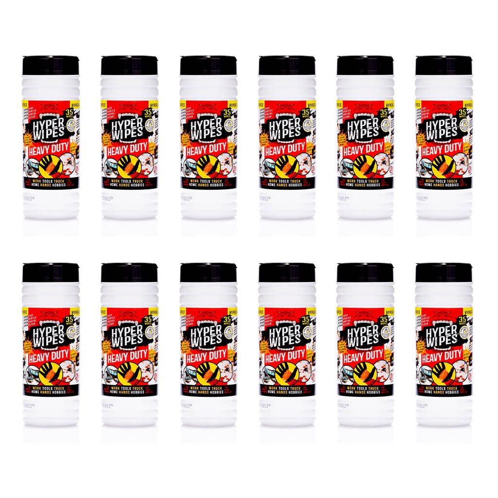 Hyper Wipes, 12 Pack Heavy Duty Hand & Tool Cleaning Wipes, 7""x12"" Size Multi-Surface Cleaning Wipes, Degreasing, All Purpose Cleaner, Bathroom, Mechanic, Work Surface Wipes, 420 Count Canister