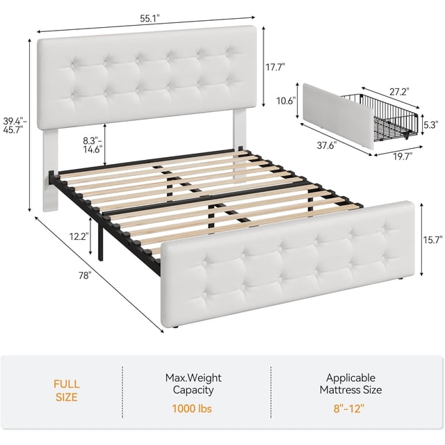 Eastvita Luxurious Full Upholstered Bed Frame Adjustable Headboard/4 Storage Drawers/Button Tufted Beige Platform/Easy Assembly