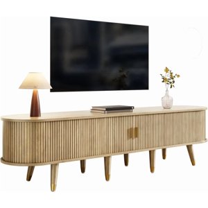 imerelez TV Cabinet 69 in with Sliding Door, Walnut Look & Large Storage – Country-Style TV Stand Made of MDF with Open Shelves, Drawers & Cabinet – Natural Design