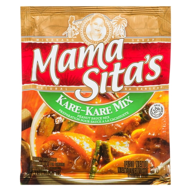 Mama Sita's Kare Kare Mélange de sauce aux Arachides en Sachet, 57 g, Affichant l'Emballage avant avec une image Colorée de Ragoût Traditionnel Philippin Kare Kare Comprenant des Légumes et de la Viande dans une sauce aux Arachides Épaisse, Marqué avec certification halal.