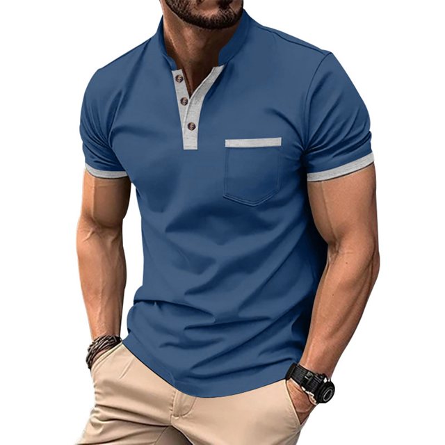 EOYWHK Henley Shirts for Men Business Casual Button Up Short Sleeve Tees Solid Color Stand Collar Work Blouse