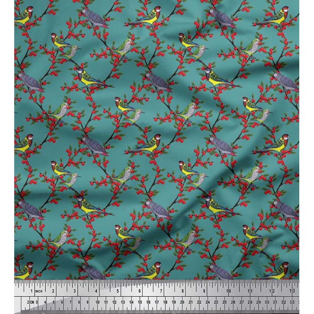 Soimoi Tissu en Rayonne Feuilles, Baies Rouges & Perroquet Tissu Imprimé 1 Yard 42 Pouces de Large