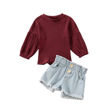 Xingqing Lovely Kids Girls 2pcs Clothes Solid Long Puff Sleeve Knit Sweater Tops Denim Shorts Set Wine Red 5-6 Years