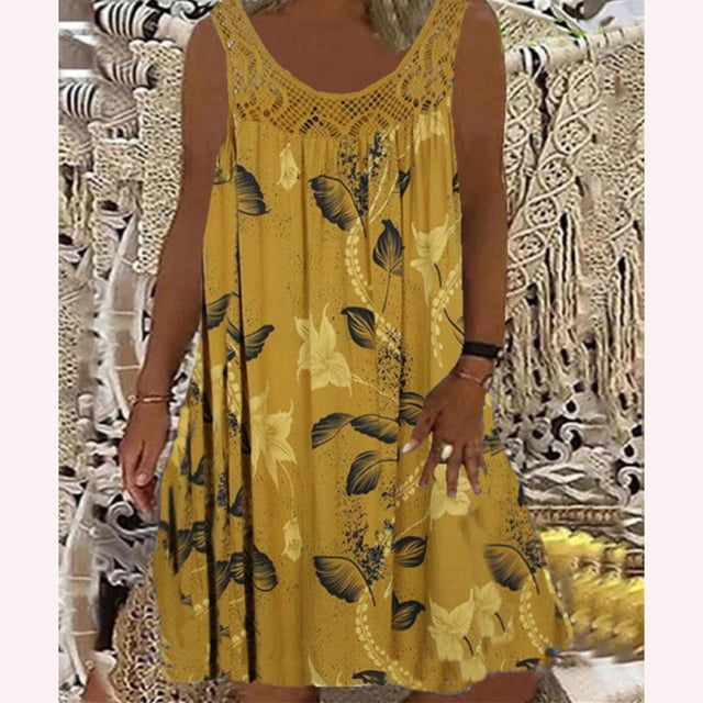 Mefallenssiah Women'S Spring/Summer Round Neck Lace Patchwork Printed Loose Sleeveless Dress