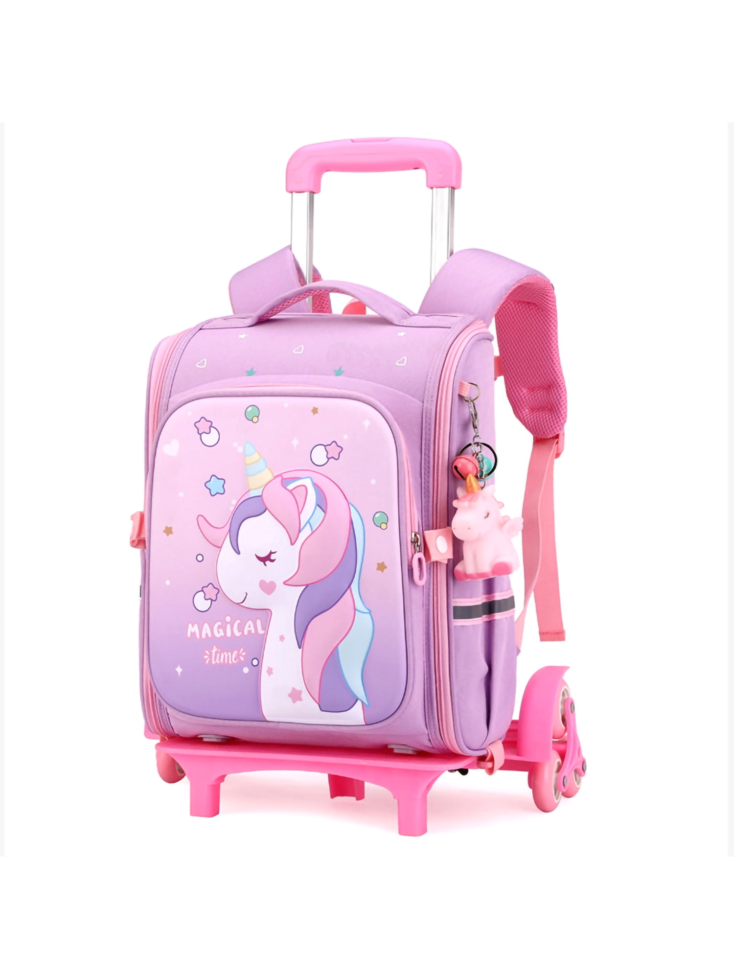 MAWCLOS Boys Bookbag Top Handle Daypack Anti-Theft Waterproof Rolling Backpack Multi Pockets Kids Infantry Pack Shoulder Bags Girls Light Purple S with Pendant