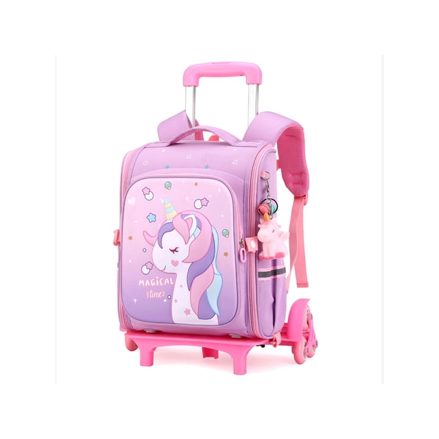 MAWCLOS Boys Bookbag Top Handle Daypack Anti-Theft Waterproof Rolling Backpack Multi Pockets Kids Infantry Pack Shoulder Bags Girls Light Purple S with Pendant