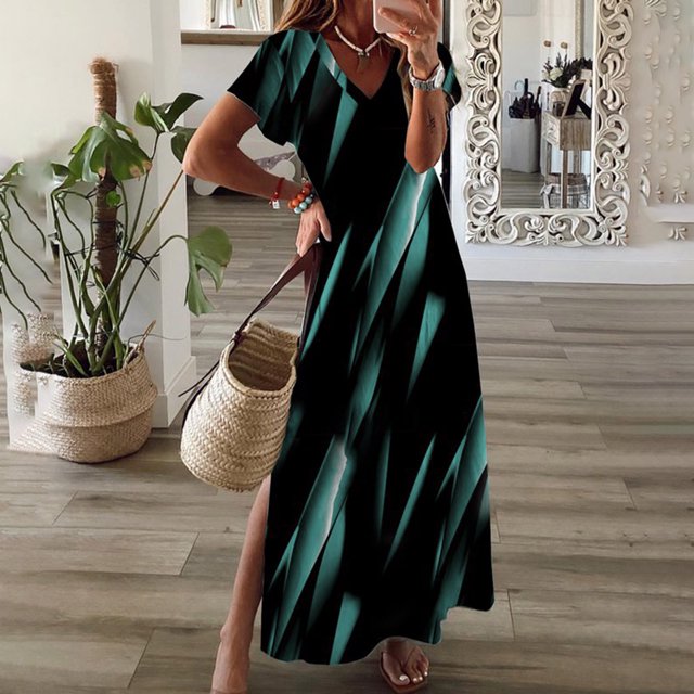 SMihono Robes Bohèmes d'Été pour Femmes Grande Taille à Col en V Mode Décontractée Style de Déplacement Chandail à Manches Courtes Imprimé Robe Ajustée