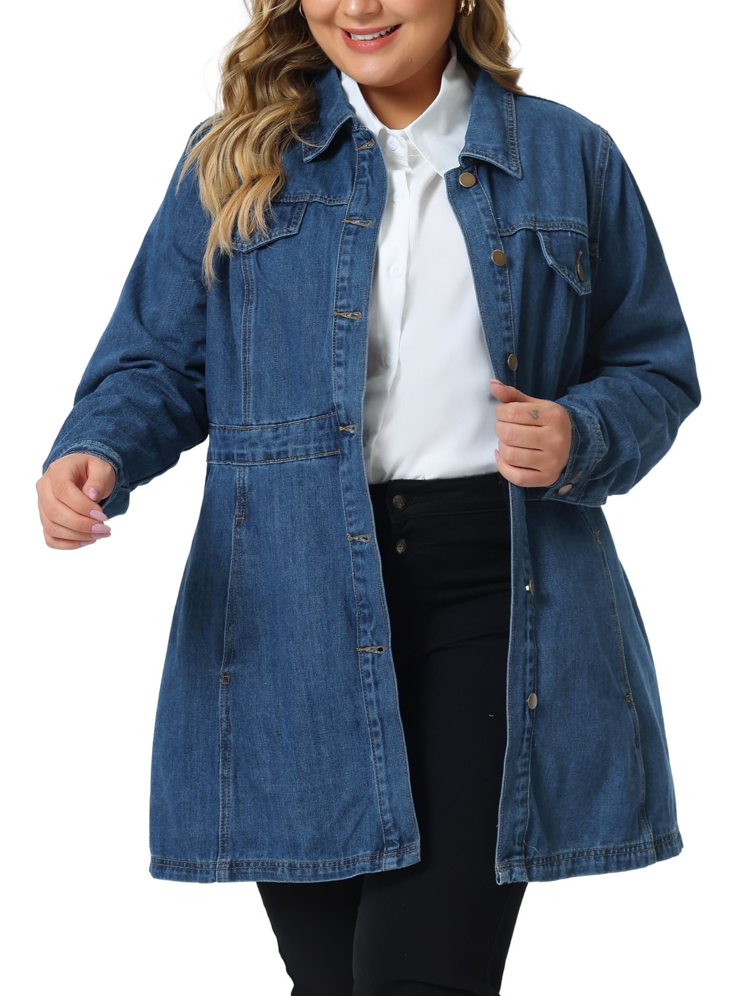Plus Size Denim Jacket for Women Buttons Long Sleeve Jean Jackets 2X Blue