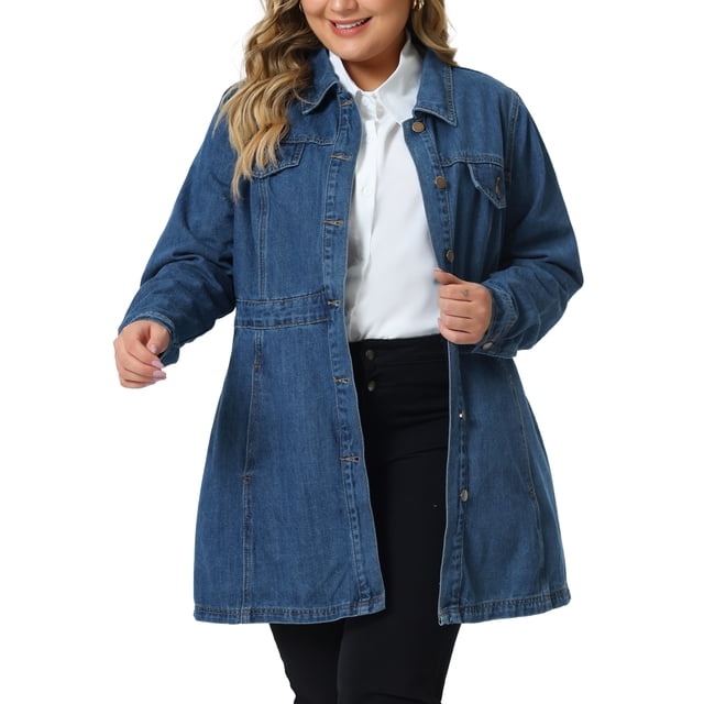 Plus Size Denim Jacket for Women Buttons Long Sleeve Jean Jackets 1X Blue
