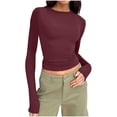 thumbnail image 2 of AherBiu Hauts pour Femmes Automne Manches Longues Col Ras du Cou Basique Superposition Hauts Courts Ajustés Serrés Extensibles T-Shirts, 2 of 5