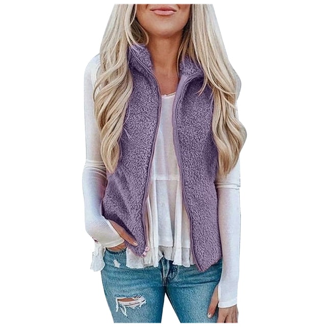 Heliisoer Pocket Women Zipper Solid Color Jacket Plush Sleeveless Lapel Vest Loose