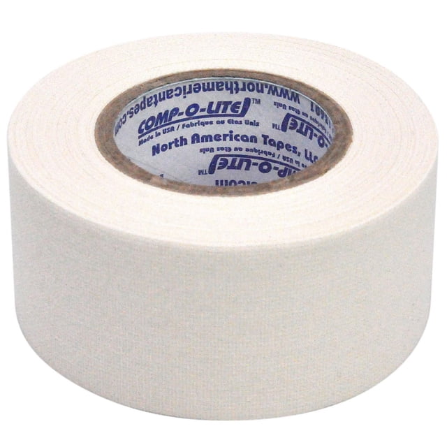 Comp-o-lite White Hockey Stick Tape 36MM X 12M roll made of durable white cloth designed for composite hockey stick blades, providing strong, long-lasting performance and clean removal with minimal adhesive residue, also suitable for various sports taping applications.