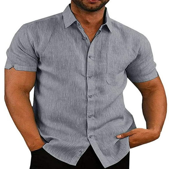 Mens Linen Button Up Casual Short Sleeve Slim Fit Shirts