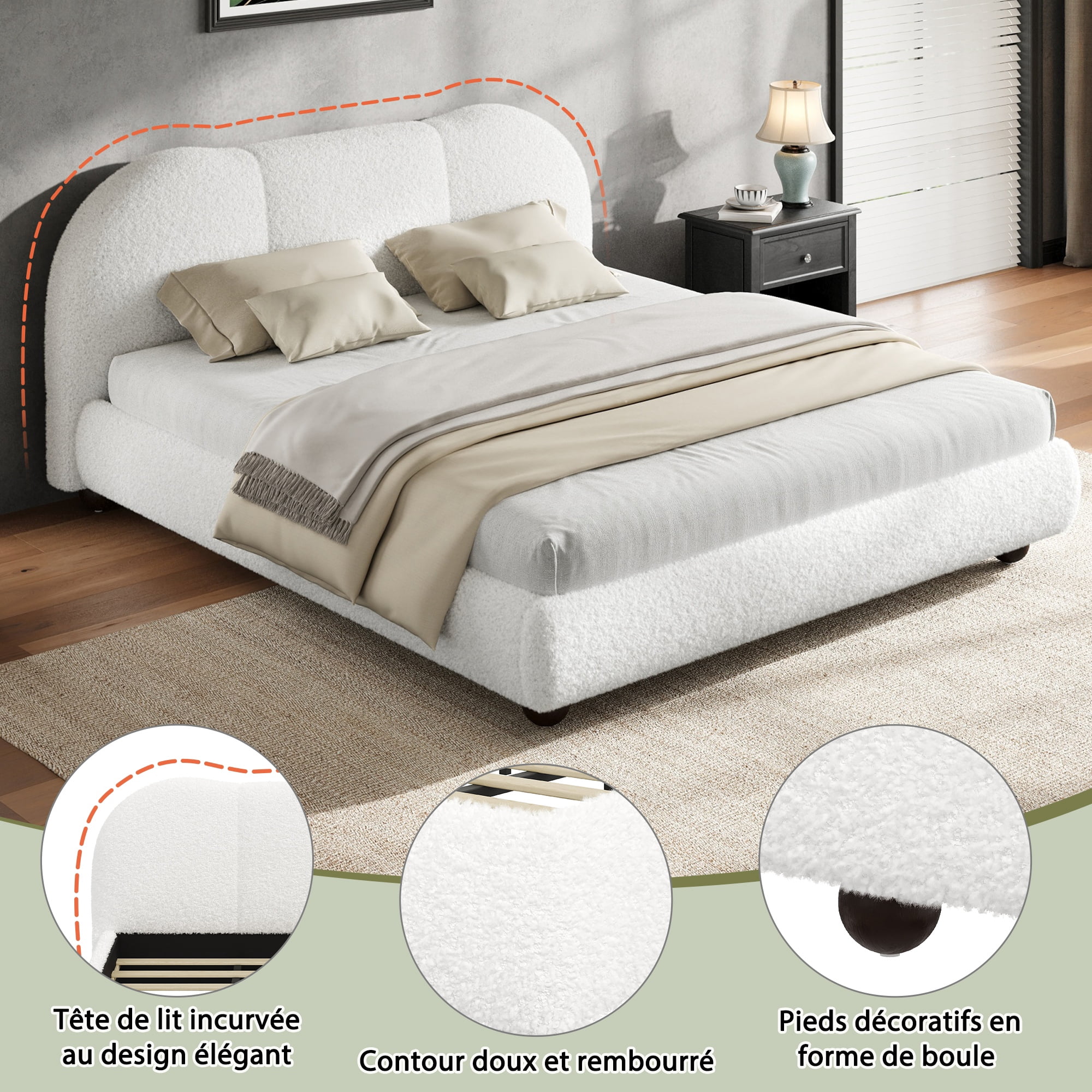 Homy Casa Lit Plateforme Très Grand Format en Bouclé, Tête de Lit Courbée Rembourrée, Lit en Tissu Teddy Sans Sommier