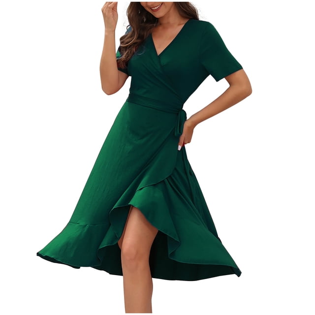Robes Décontractées pour Femmes à Manches Courtes Portefeuille à Col en V à Volants Robe Midi d'Été Coupe Ample Fluide Asymétrique avec Ceinture