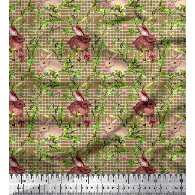 Soimoi Georgette Viscose Fabric Leaves & Rabbit Animal Printed Craft Fabric by The Yard 42 Inch Wide