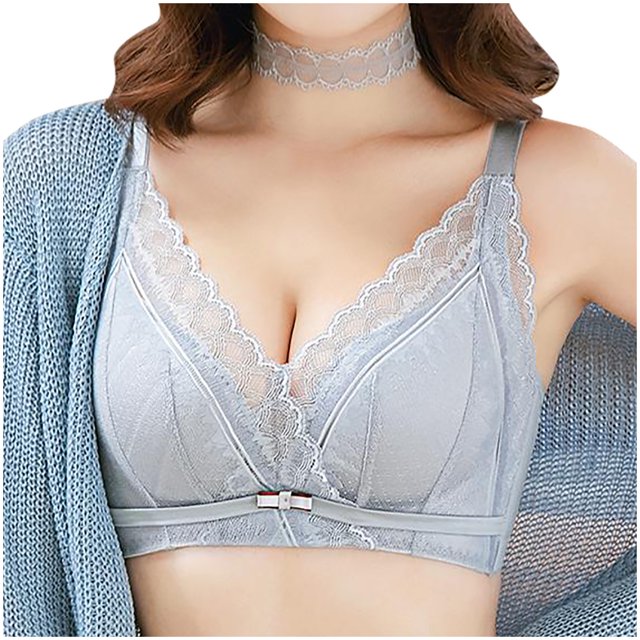 Bigersell Front Closure Bras for Women Summer Wireless Bra Wire-Free Bra Style R3681 V-Neck Full-Coverage Bras Hook and Eye Bra Closure Women Size Lace Bras Gray M
