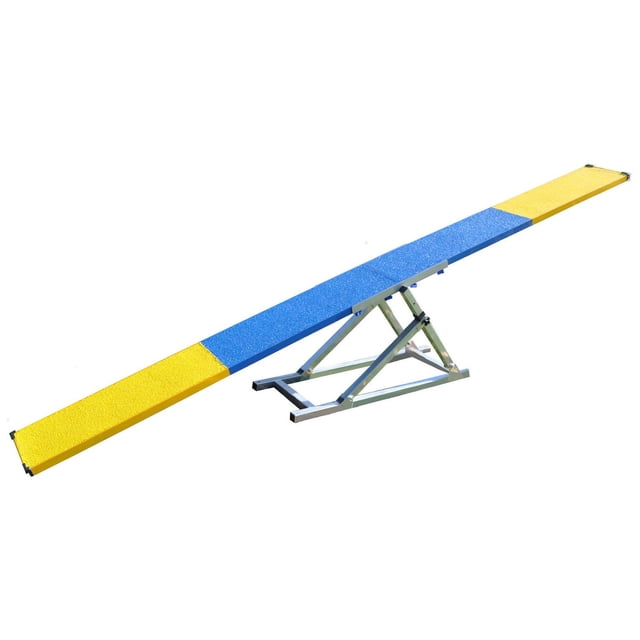 Cool Runners Tuff Puppy 6’ Teeter with powder-coated steel single height base and wet poured rubber surface in blue and yellow, 6 feet long by 12 inches wide, designed for dog training and agility use.