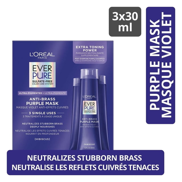 EverPure Anti Brass Purple Mask by L'Oréal Paris, sulfate-free purple hair mask in 30 ml bottles, set of three, formulated with hibiscus and extra toning pigments to neutralize brassiness and deeply condition color-treated blonde hair.