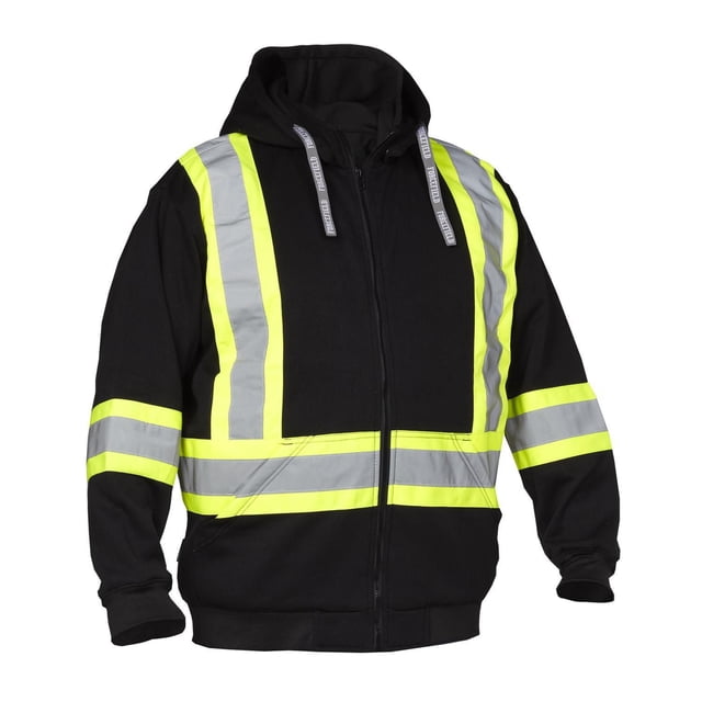 Forcefield Force Field Hi-Visibility Safety Detachable Hoodie in black with yellow and reflective silver safety stripes on front, sleeves, and waist, featuring a full-length heavy-duty zipper, detachable snap-off double-layer hood with branded drawstrings, rib-knit cuffs, and front kangaroo pocket, made of 100% polyester fleece-smooth knit, suitable for men’s workwear jackets and vests.