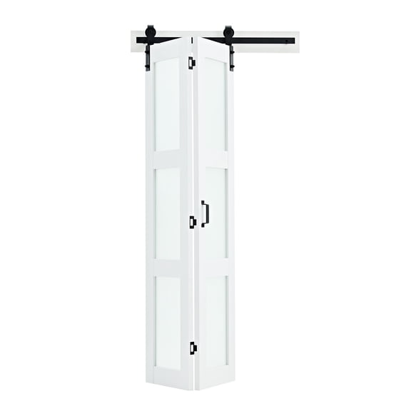 KFFKFF Bifold Barn Door, 36" x 84", Frosted Glass Barn Door with Header Board and Hardware Kit Included, Space-Saving Design, Pre-Assembled Panels, White
