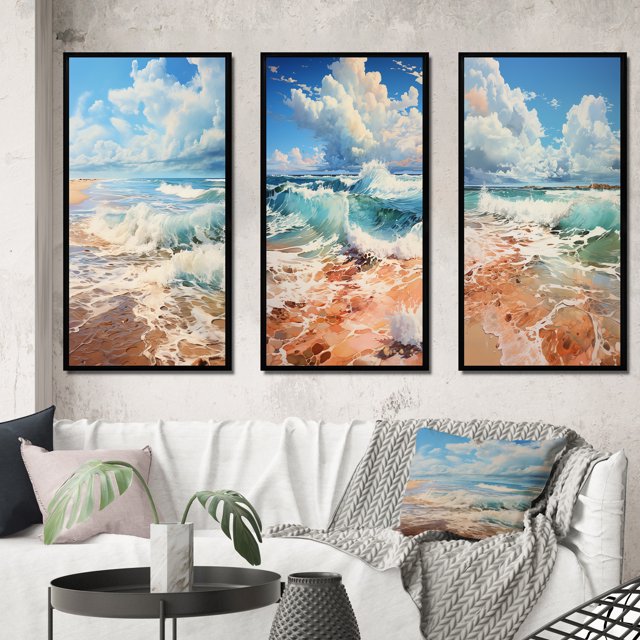 Designart "Simplicity Beach Landscape IV" Nautical & Beach Framed Wall Art Set Of 3 - White Beach Frame Gallery Wall Set For Home Decor