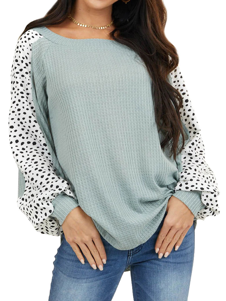 Women Polka Dot Printed Color Block Long Sleeve Pullover Shirt