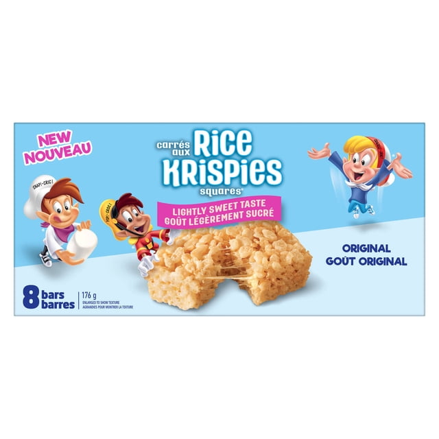 Rice Krispie Square bars Lightly sweet taste Original showing a close-up of a crispy rice cereal square with a bite taken out, revealing gooey marshmallow texture. The blue box contains 8 individually wrapped snack bars, weighing 176g total, with playful cartoon characters on a light blue background. The packaging highlights the lightly sweet original flavour in English and French, ideal for on-the-go snacking.