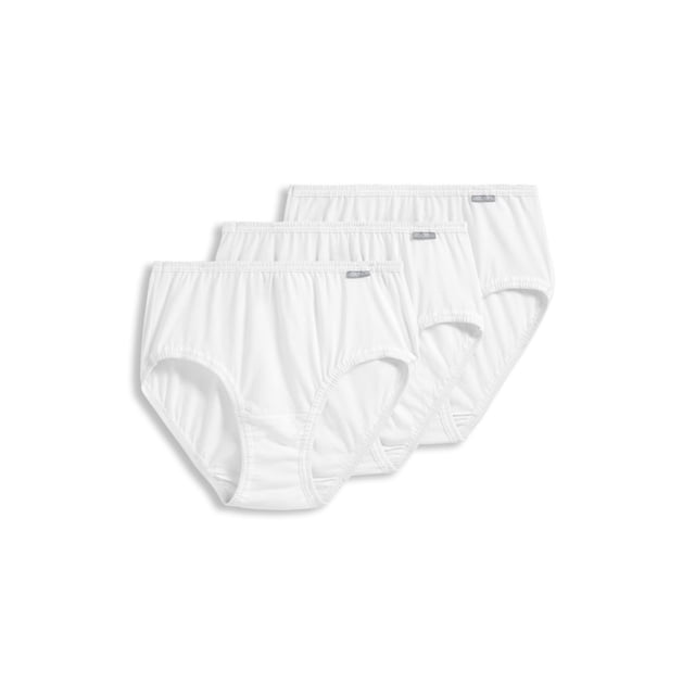 Jockey Women's Elance Hipster - 3 Pack featuring three white cotton hipster panties with a mid-rise design and full coverage. Made from 100% combed, ring-spun cotton for a soft, breathable feel. Includes fabric-covered waistband and leg openings for added comfort, and a cotton gusset for breathability. Suitable for machine wash and dry.
