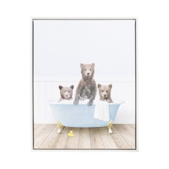 DesignOvation Three Little Bears in Cottage Blue Bath 16" x 20" Framed Canvas Wall Art Print by Amy Peterson