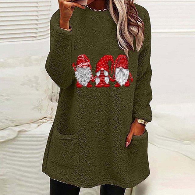 TIMIFIS Longues Chandail en Molleton à Manches pour Femmes, Chandail à Enfiler d'Hiver Chaud, Gnomes, Père Noël, Noël, Imprimé, Col Ras du Cou, avec Poche
