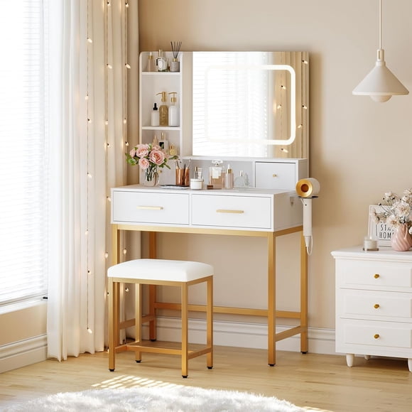 White Vanity Desk with Lighted Mirror, 3 Color Lighting Modes, Power Outlet, 4 Drawers, Storage Shelves and Cushioned Stool, Makeup Dressing Table Set for Bedroom