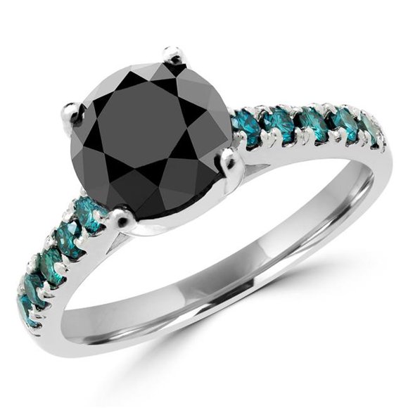 3.25 CTW Round Black & Blue Diamond Multi Stone Engagement Ring in 14K White Gold, Size 3.25