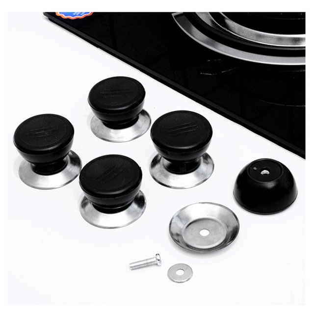6PCS Pot Lid Knobs, a universal kitchen cookware replacement set, featuring six black top knobs with stainless steel bases, silicone gaskets, and washers. Designed for various cookware lids, including glass, iron, and casserole lids. Made of high-quality stainless steel and PP material, these knobs are heat-resistant, anti-rust, and easy to clean. The ergonomic design ensures comfortable gripping, with a base diameter of 5.5 cm (2.2 inches) and a top diameter of 4.5 cm (1.8 inches). Includes screws for easy installation.