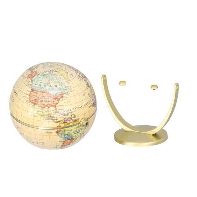 Home Decor Mini World Map Globe by Dewin, featuring a rotating globe with a vintage-style map design. Made of durable plastic with vivid colors and clear text, it includes a sturdy gold base for display. Suitable for geography learning, homes, schools, and offices as an educational and decorative accent.