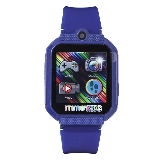 iTIME KIDS Body Temperature Interactive Games Watch in blue with a square touchscreen displaying colorful icons for games, camera, video recorder, and pedometer, featuring a front-facing camera above the screen and a blue silicone adjustable strap, designed as a wearable smart watch for children.