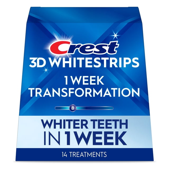 Crest 3D Whitestrips 1 Week Transformation at-home teeth whitening kit in blue box with white text, containing 14 enamel-safe treatments to whiten teeth 8 levels in 1 week.