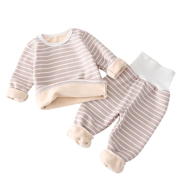 cfhntfmh Baby Boys Girls Striped 2 Piece Set Fleece Lined Thermal Base Layer Tops High Waisted Pants Thermal Underwear Sets