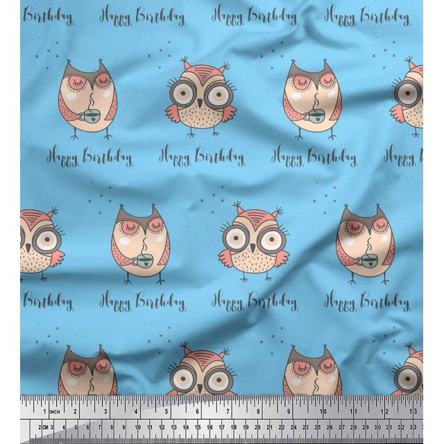 Soimoi Blue Modal Satin Fabric Owl Bird Print Sewing Fabric Yard 42 Inch Wide